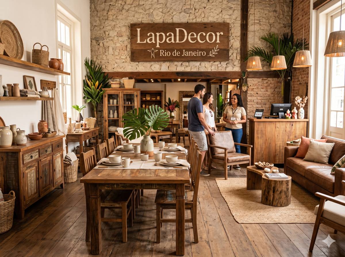 Interior da loja Lapa Decor no Centro do Rio de Janeiro, com móveis de madeira maciça em ambiente natural