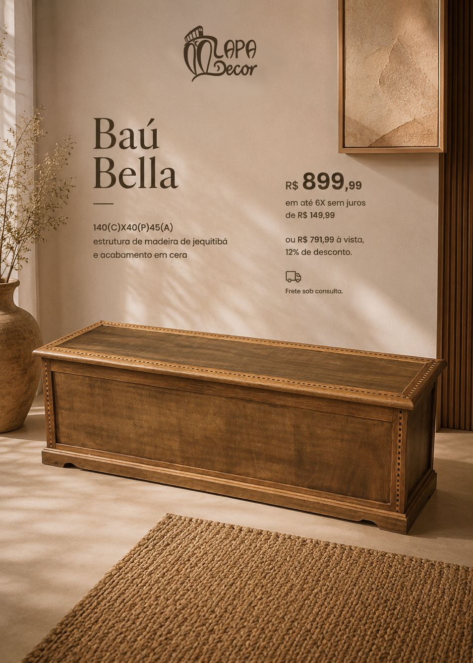 Baú de madeira rústico grande, 140x40cm, jequitibá - Lapa Decor Rio de Janeiro
