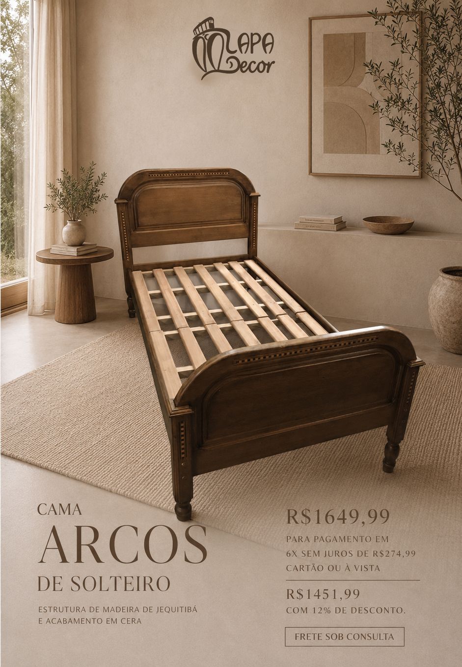 Cama rústica de solteiro em madeira jequitibá - Lapa Decor Rio de Janeiro