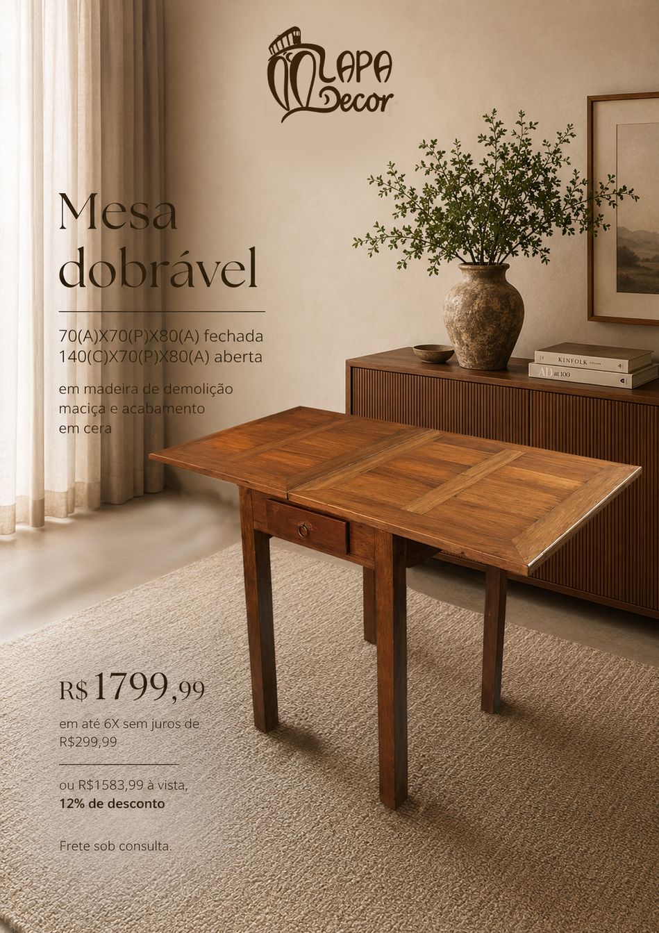 Mesa dobrável rústica em madeira de demolição, 70x70cm fechada e 140x70cm aberta - Lapa Decor Rio de Janeiro