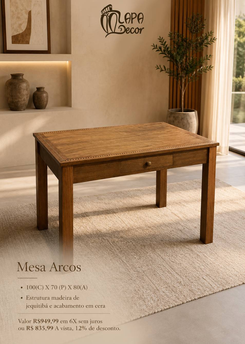 Mesa rústica modelo Arcos em madeira maciça - Lapa Decor Rio de Janeiro