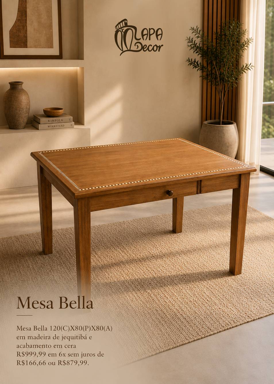 Mesa rústica modelo Bella 120cm em madeira maciça - Lapa Decor Rio de Janeiro