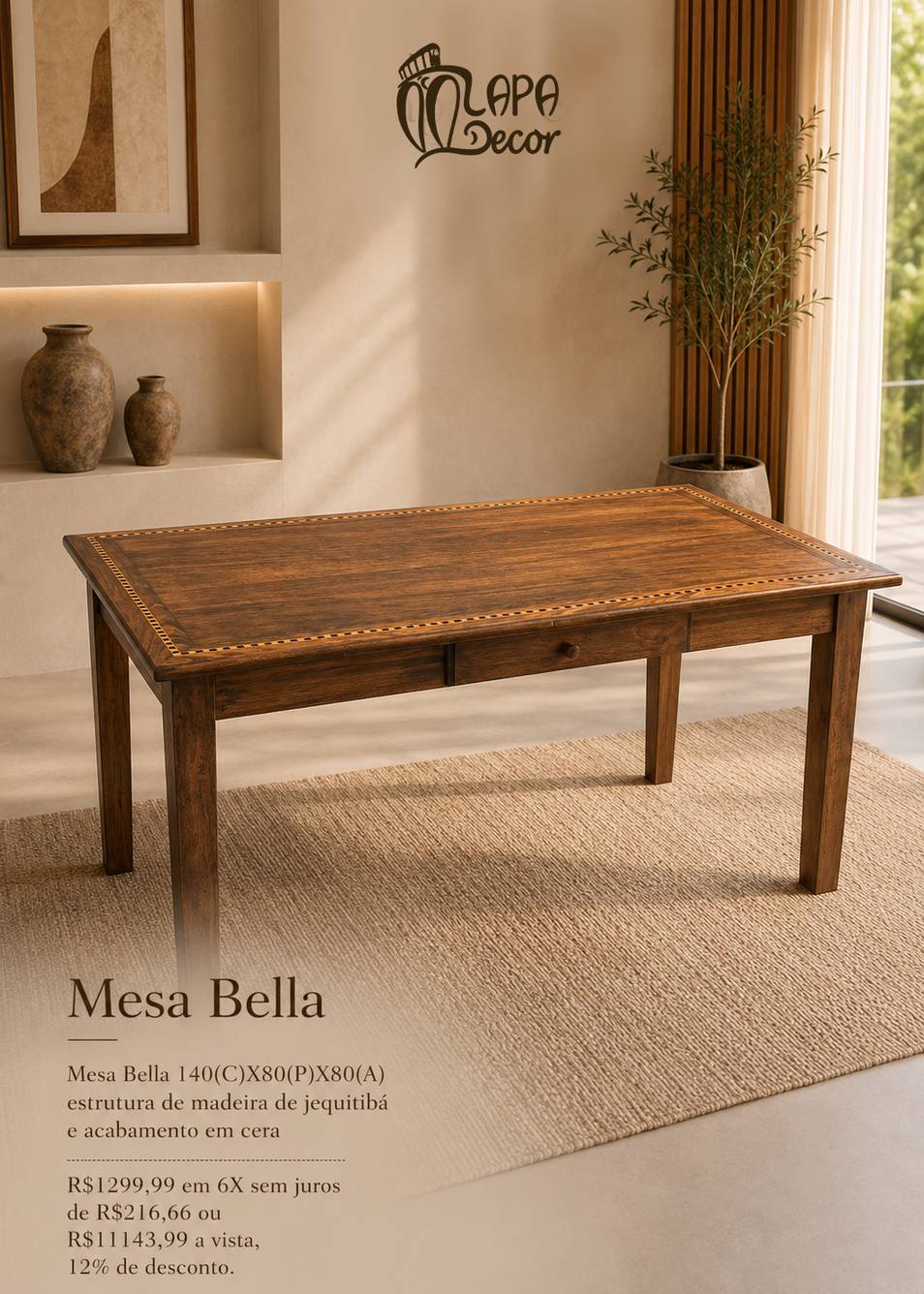 Mesa rústica modelo Bella 140cm em madeira maciça - Lapa Decor Rio de Janeiro