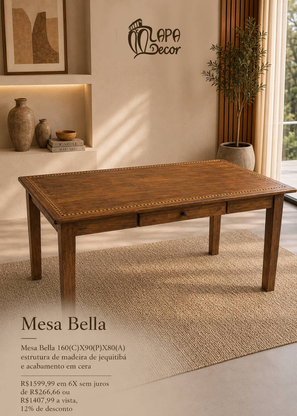 Mesa rústica modelo Bella 160cm em madeira maciça - Lapa Decor Rio de Janeiro