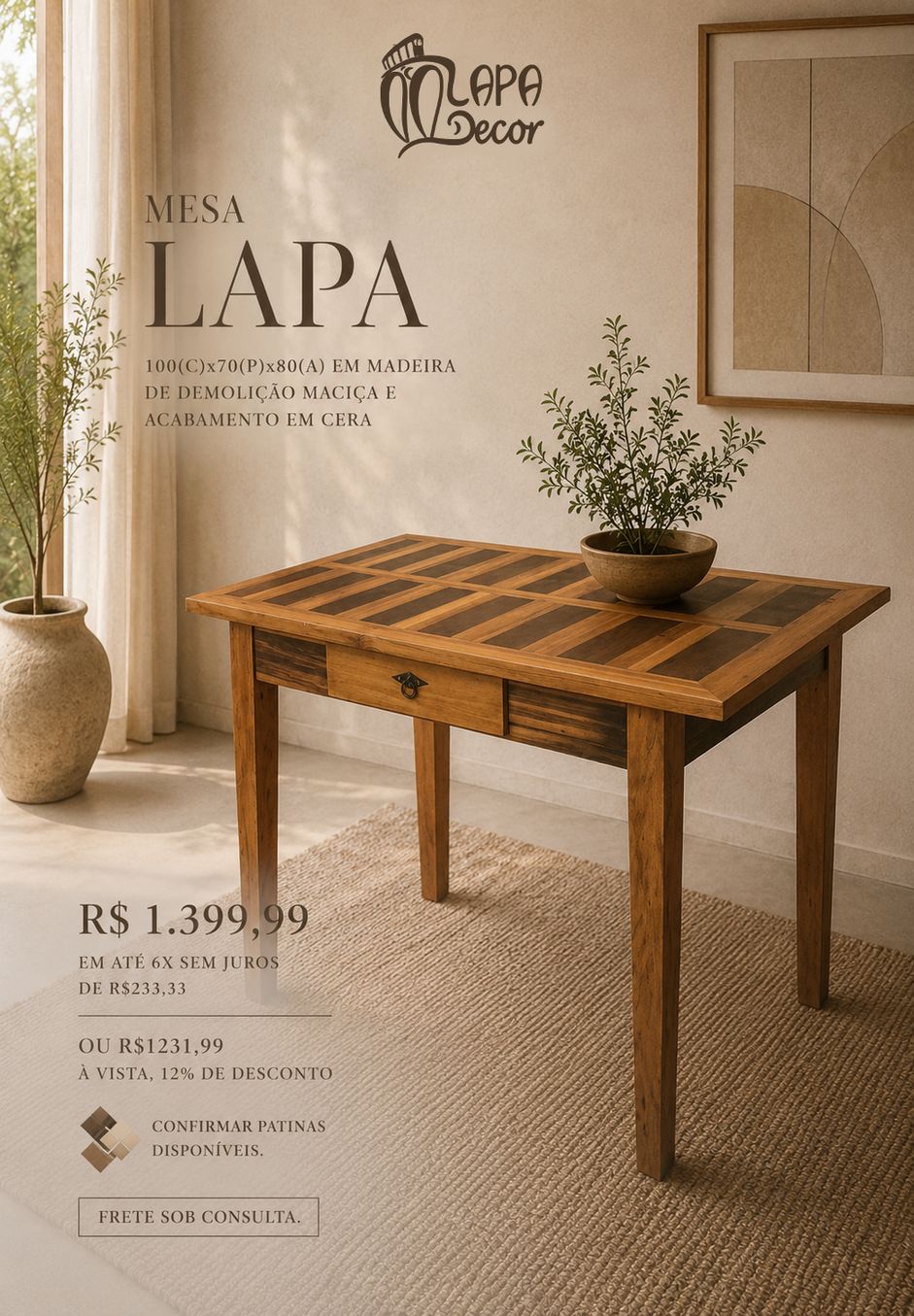 Mesa Lapa rústica em madeira de demolição, 100x70x80cm, ambiente detalhe - Lapa Decor Rio de Janeiro