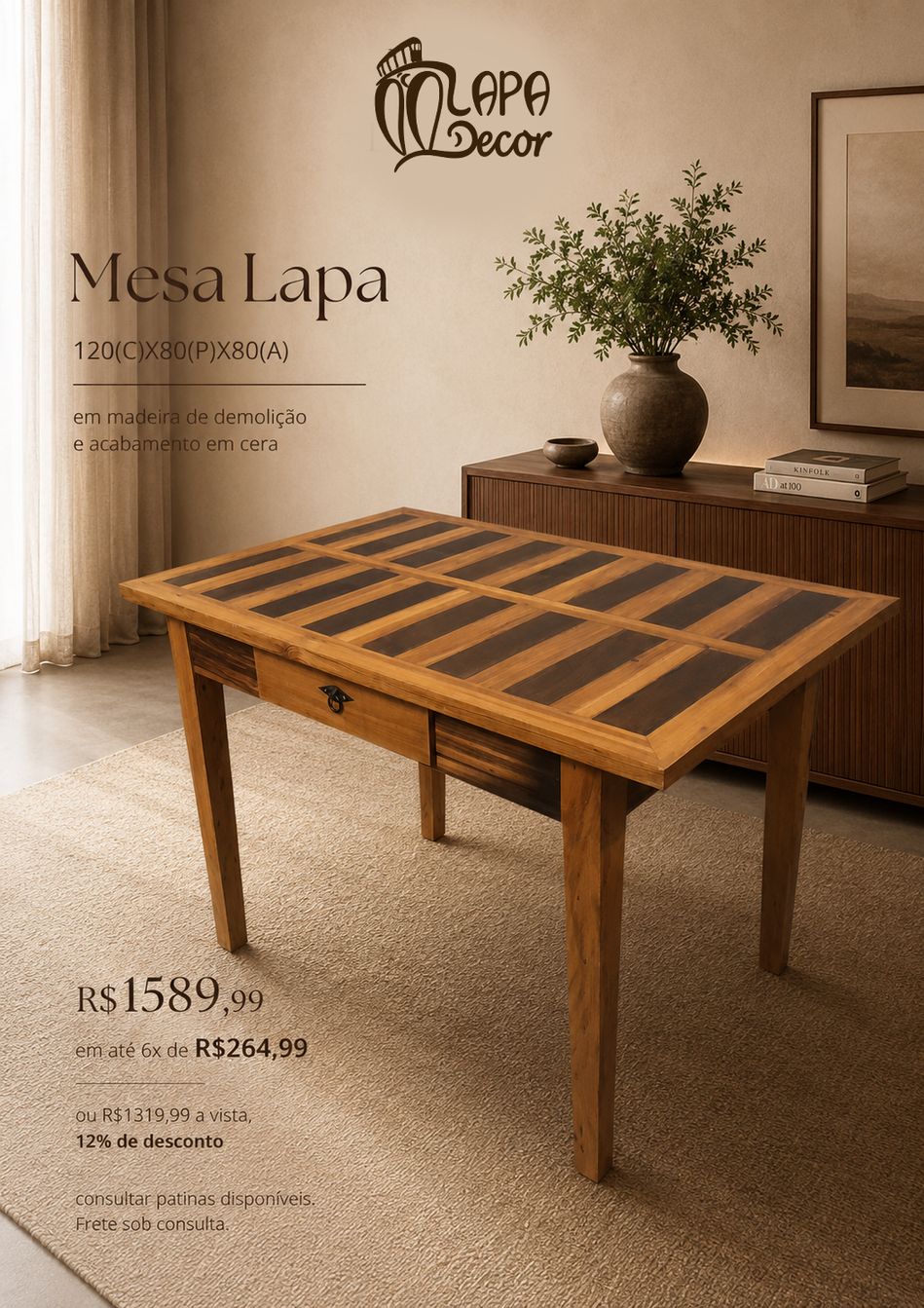 Mesa Lapa rústica em madeira de demolição, 120x80x80cm - Lapa Decor Rio de Janeiro