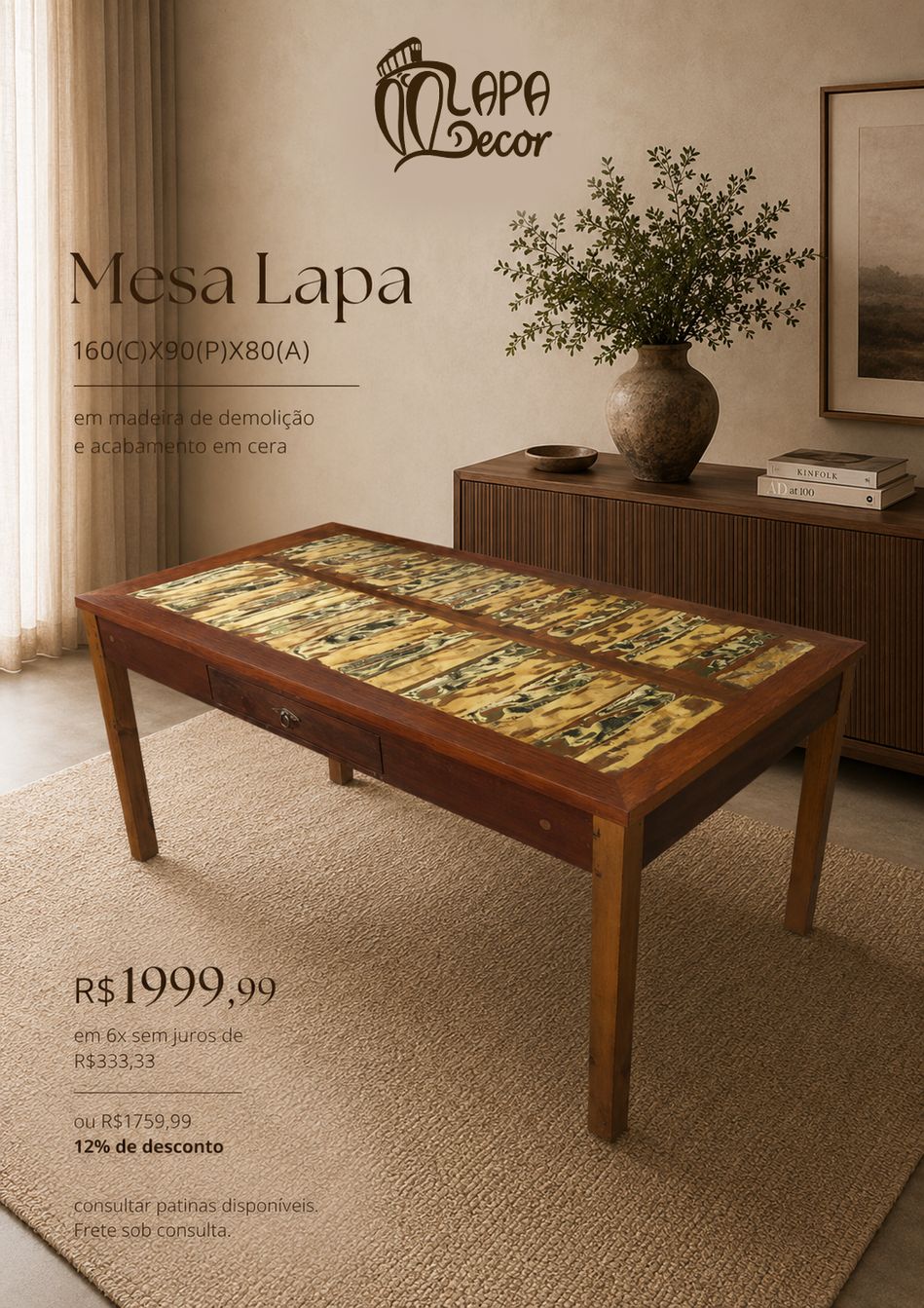 Mesa Lapa rústica em madeira de demolição, 160x90x80cm - Lapa Decor Rio de Janeiro