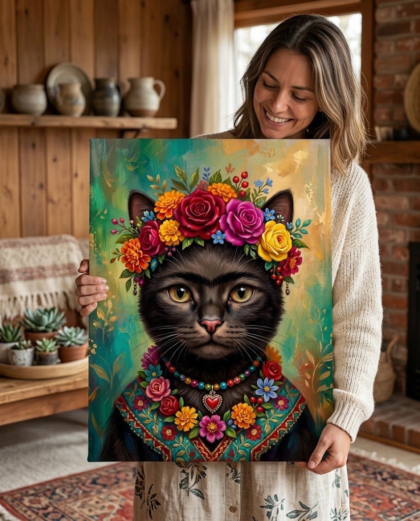 Quadro decorativo de gato preto com coroa de flores estilo Frida Kahlo, moldura de madeira de demolição - Lapa Decor Rio de Janeiro