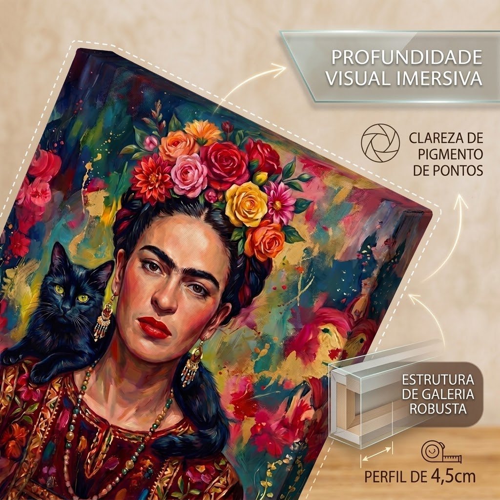 Quadro Frida Kahlo com gato preto e acabamento em borda infinita - Lapa Decor