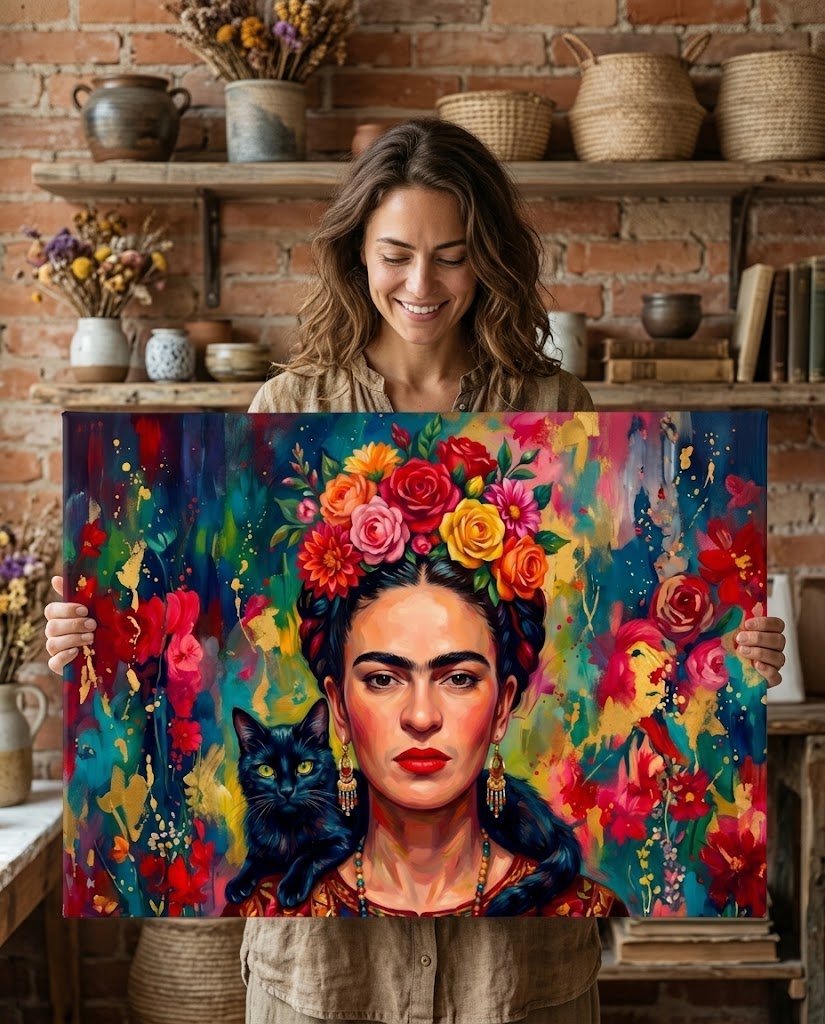 Quadro Frida Kahlo com gato preto, versão horizontal, moldura de madeira de demolição - Lapa Decor
